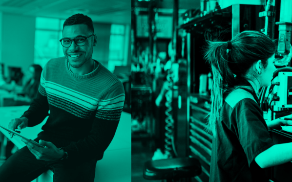Two images showing people working. Colored with a green semitransparent overlay.