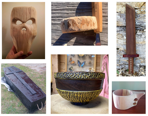 Several examples of carved wooden items
